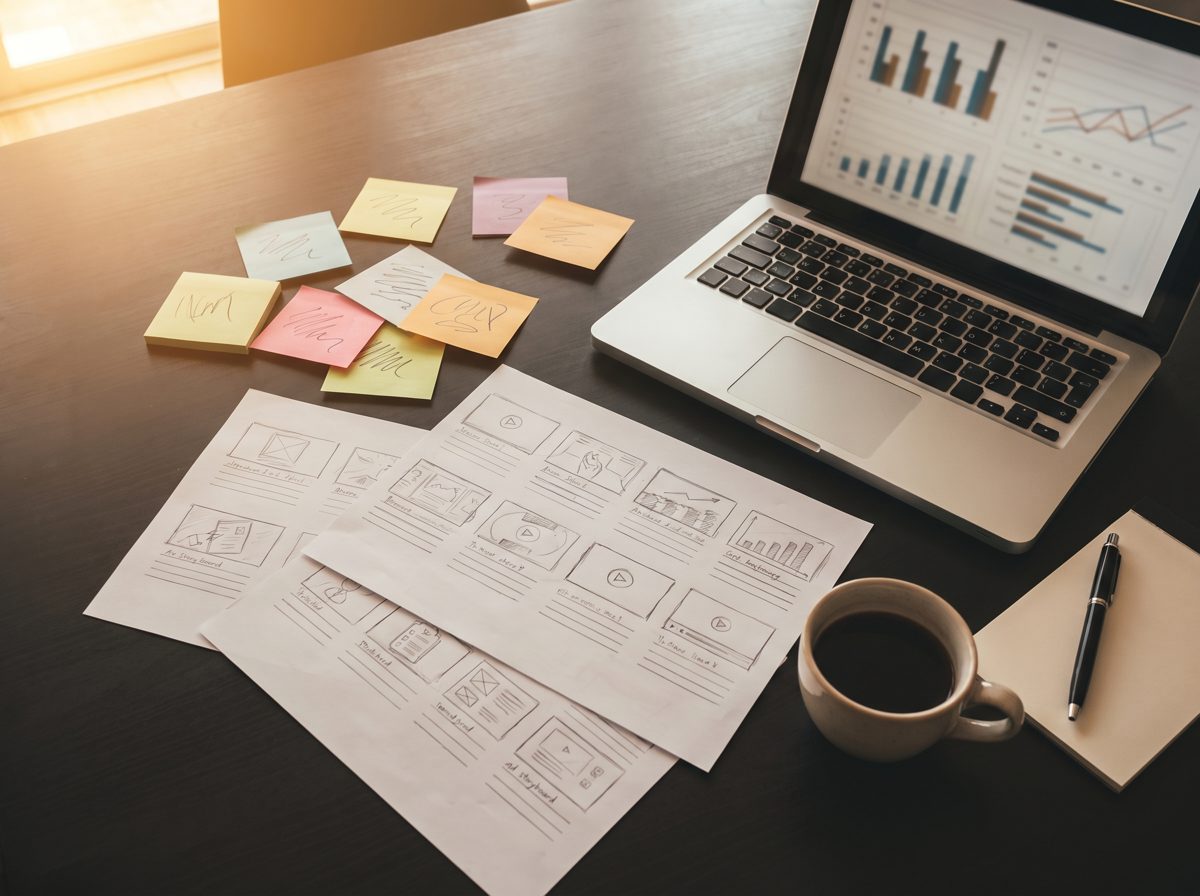 Creative strategy session with storyboards and analytics